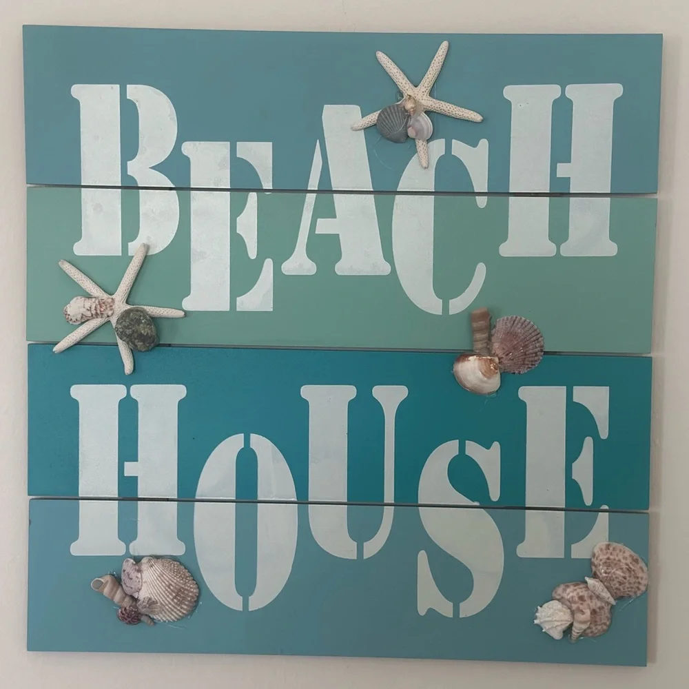 Coastal Beach House Wall Decor in Blue and White. Embellished with Sea Shells.